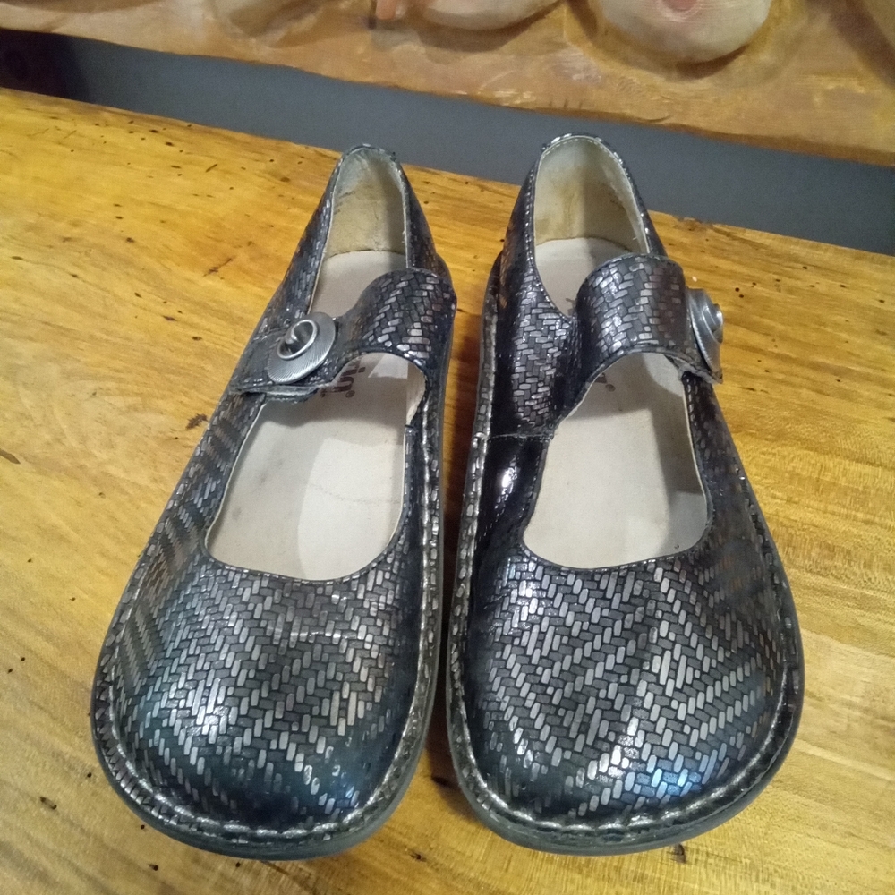 Alegria Metallic Black Woven Mary Jane Mules